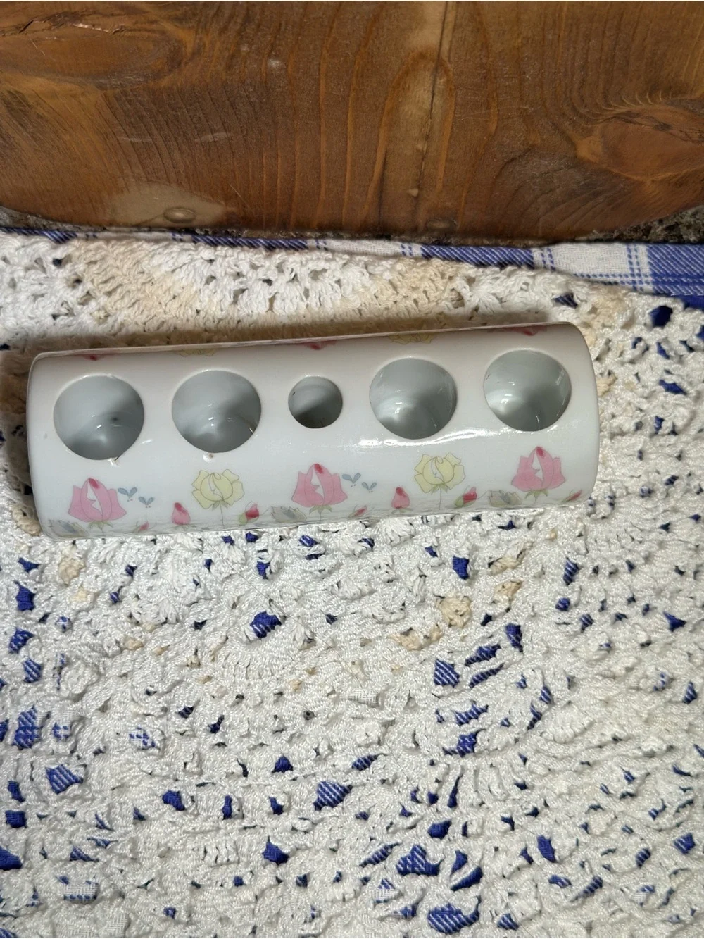 Vintage Lipstick holder White Floral Ceramic  - Pink and Yellow Rose Design